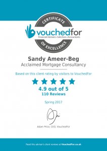 Certificate awarded to Sandy Ameer-Beg from VouchedFor for getting 4.9 out of 5 stars from reviews