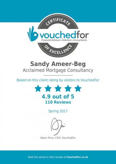 vouchedfor-certificate-of-excellence-07-2017 Certificate awarded to Sandy Ameer-Beg from VouchedFor for getting 4.9 out of 5 stars from reviews